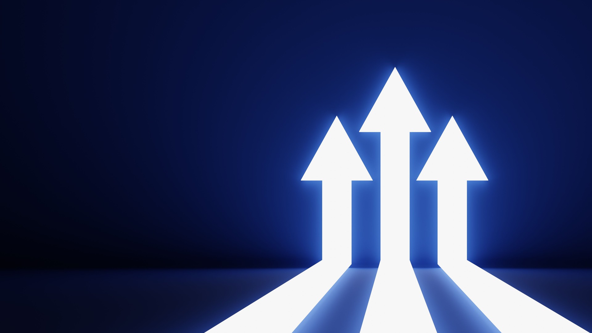 three white arrow going up, 3d rendering